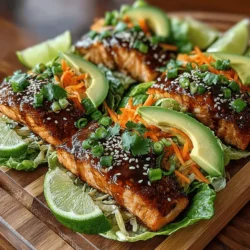 In the world of culinary delights, few dishes can match the vibrant freshness and taste of Sticky Soy Glazed Salmon Lettuce Wraps. This recipe showcases salmon, one of the most nutritious and versatile fish available, enveloped in crisp lettuce leaves, creating a delightful contrast between warm, savory flavors and cool, crunchy textures. Ideal for a light meal or an enticing appetizer, these wraps not only satisfy the palate but also cater to those seeking a healthy dining option.