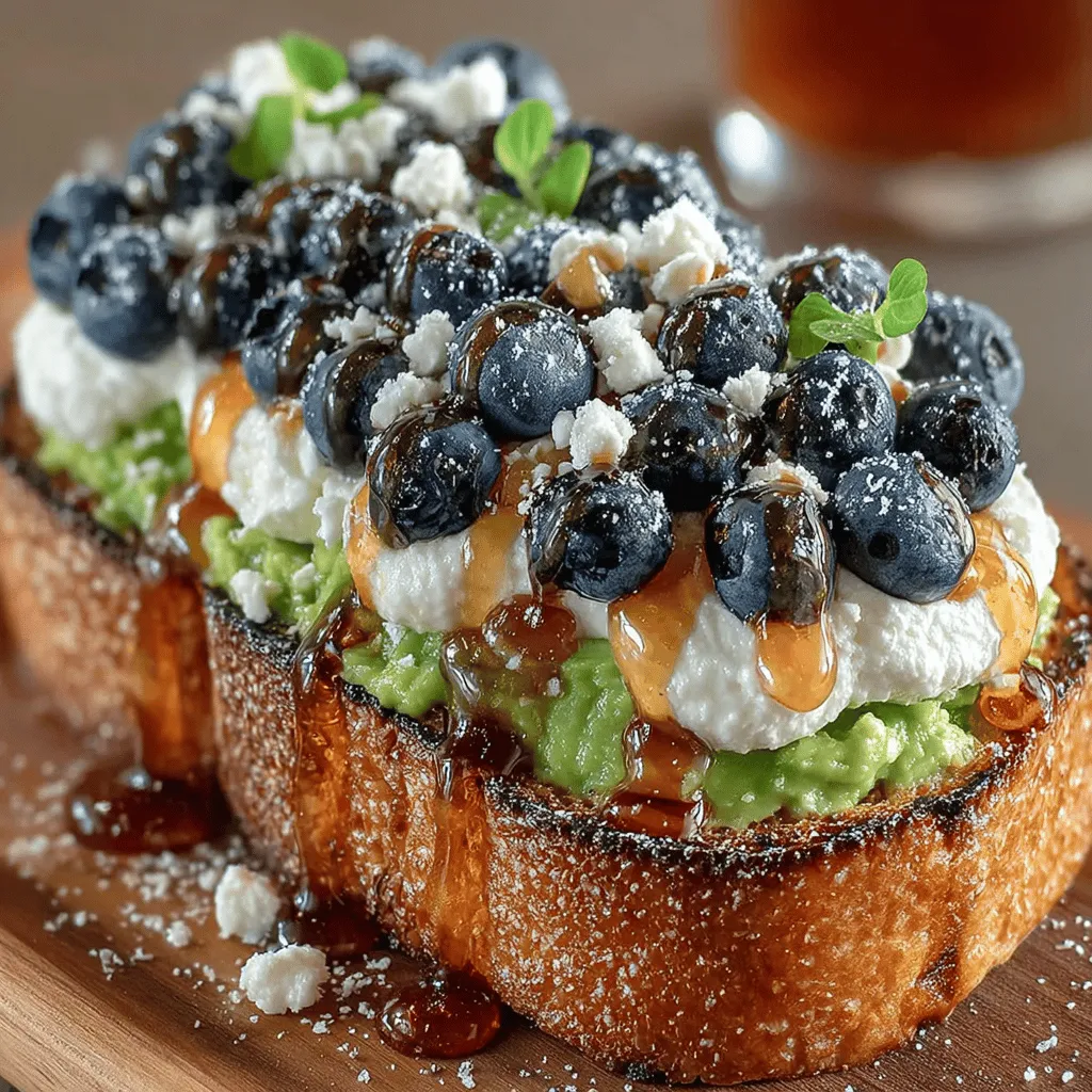 To elevate the presentation and flavor of your Blueberry Avocado Bliss Toast, consider adding some optional garnishes. A sprinkle of chia seeds or hemp seeds not only adds a delightful crunch but also boosts the nutritional profile with extra omega-3 fatty acids and protein. Fresh mint leaves can provide a refreshing aroma and a pop of color, while a drizzle of honey or maple syrup can introduce a subtle sweetness that complements the natural flavors of the blueberries and avocado.