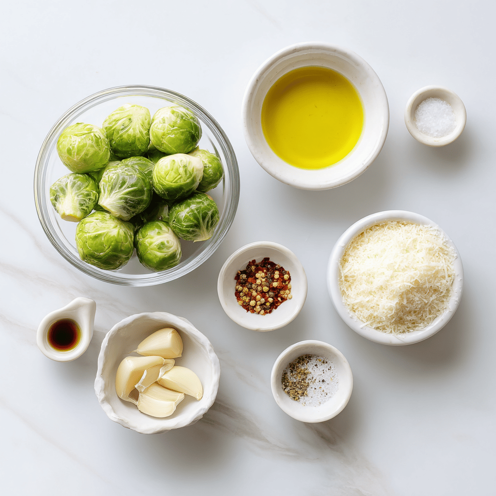 Ingredients for Crispy Garlic Parmesan Brussels Sprouts in a Snap